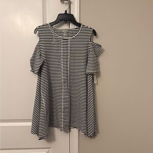Westbound Black and White Striped Cold-Shoulder Top